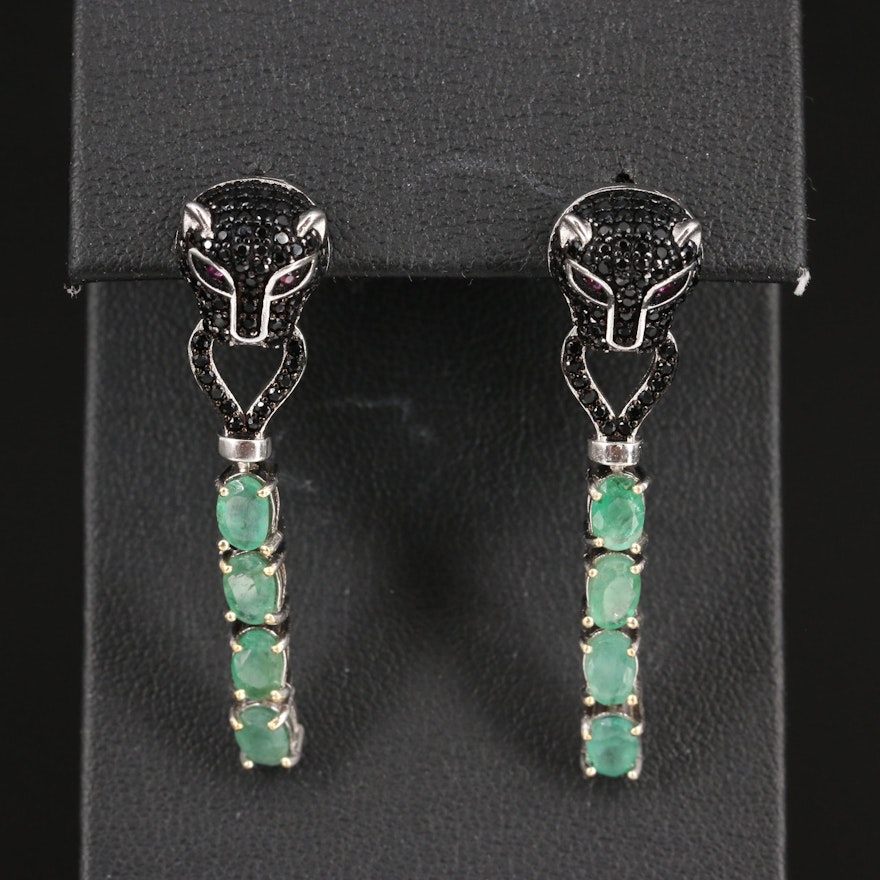 Sterling Ruby, Cubic Zirconia and Emerald Feline Door Knocker Earrings