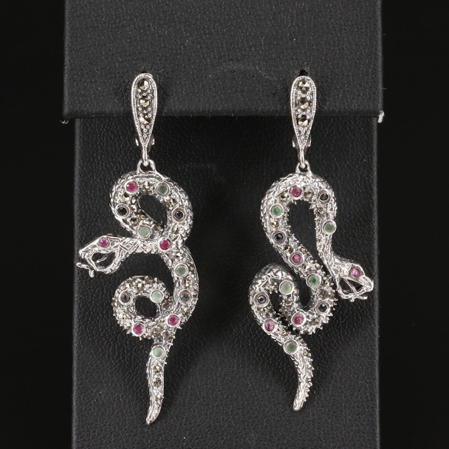 Sterling Ruby, Sapphire and Beryl Serpent Dangle Earrings
