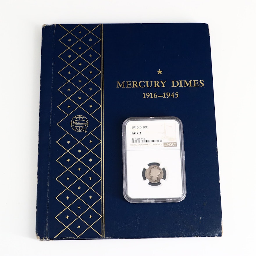 Mercury Silver Dimes in Whitman Album, Including Key Dates and NGC Graded 1916-D