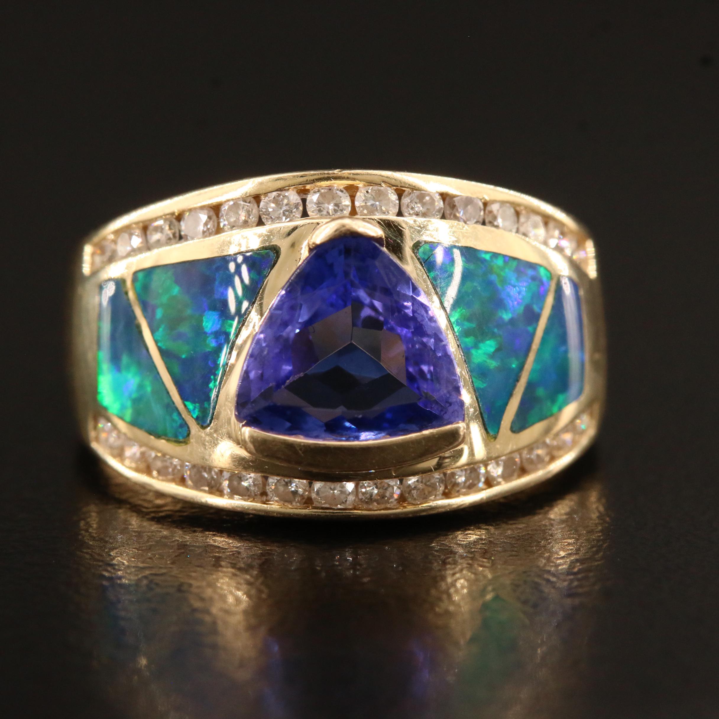 14K Tanzanite, Opal Doublet and Diamond Ring