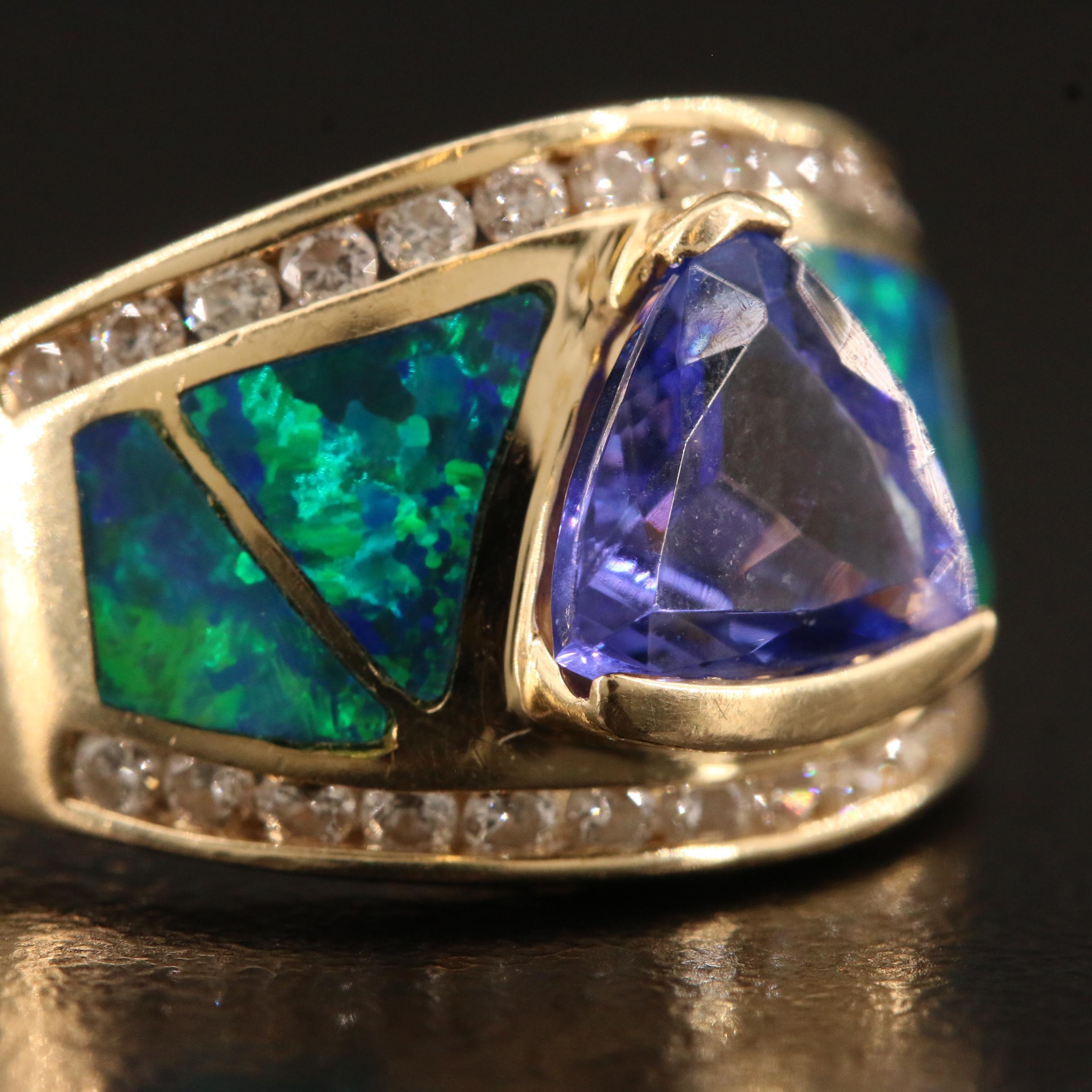 14K Tanzanite, Opal Doublet and Diamond Ring