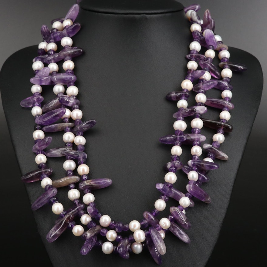 Sterling Silver Amethyst and Pearl Triple Strand Necklace
