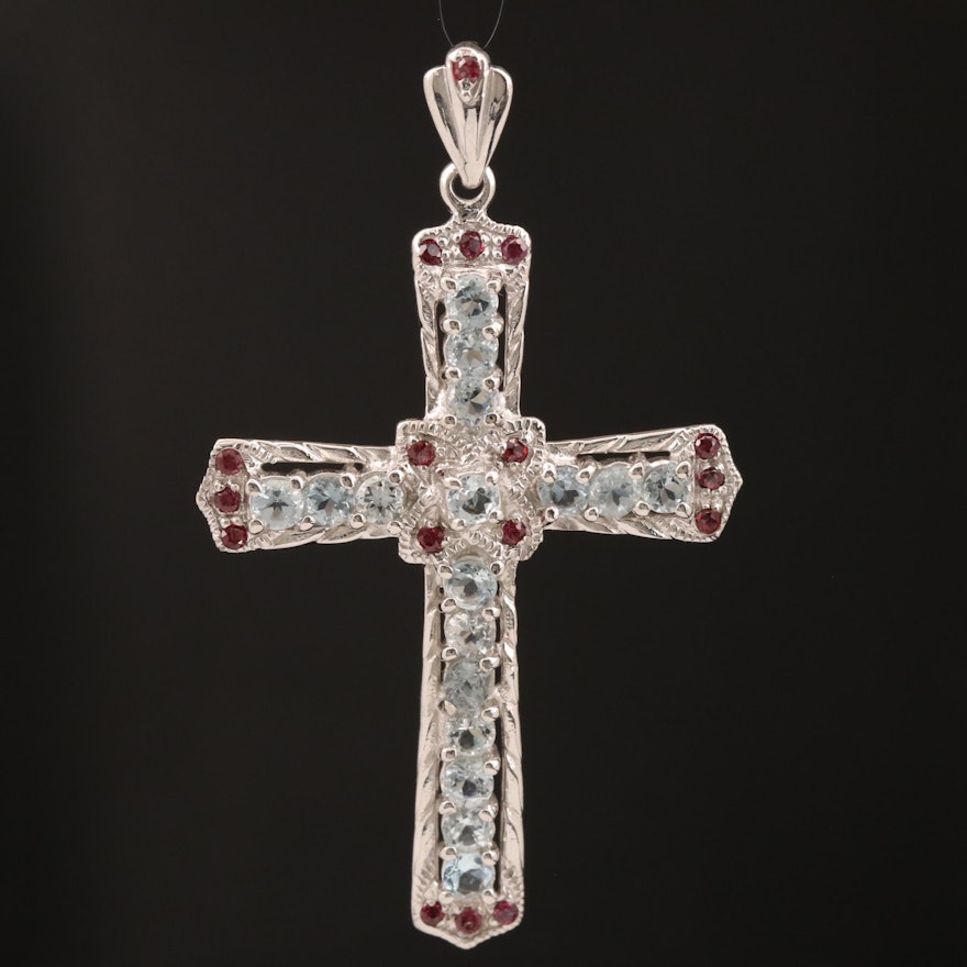 Sterling Silver Aquamarine Cross Pendant with Garnet Accents