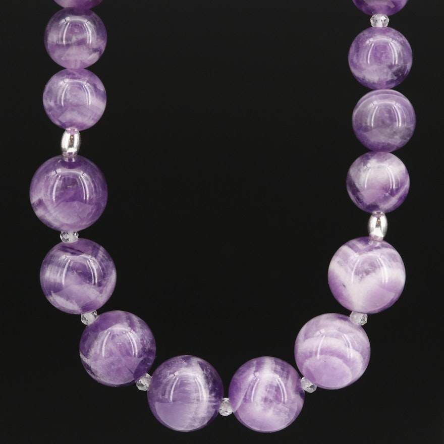 Graduated Amethyst and Topaz Bead Necklace with Sterling Silver Clasp