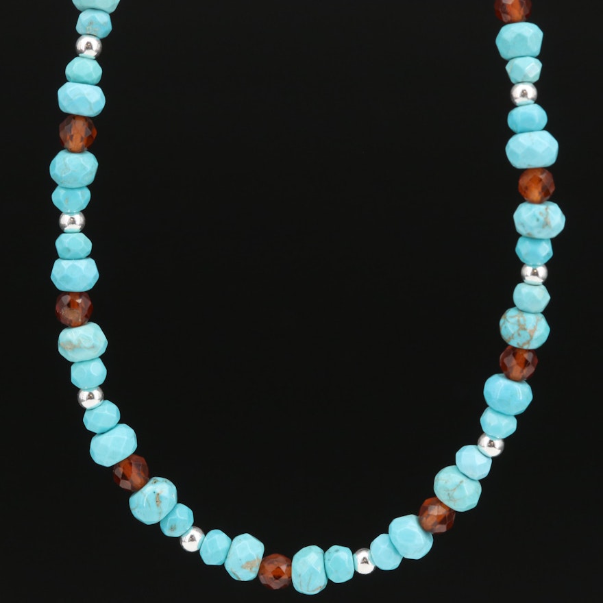 Turquoise, Hessonite and Diamond Bead Necklace with Sterling Silver Clasp