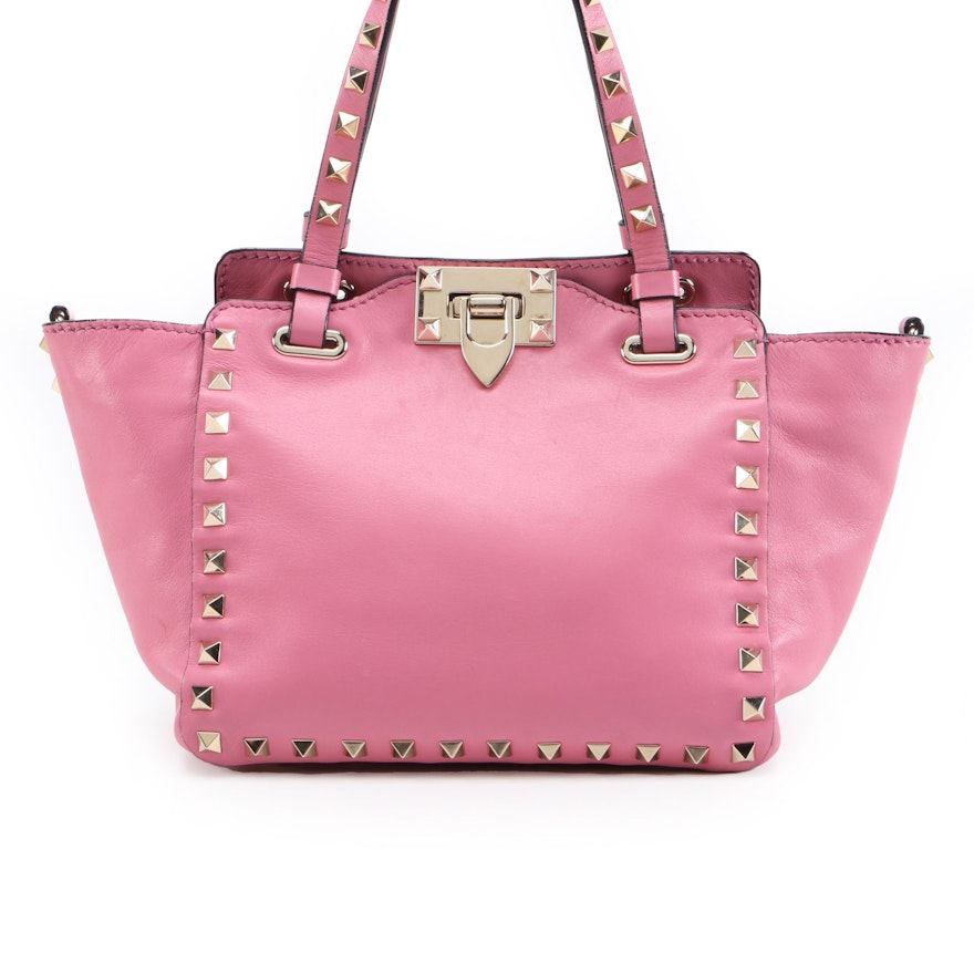 Valentino Mini Rockstud Two-Way Tote Bag in Pink Calfskin Leather