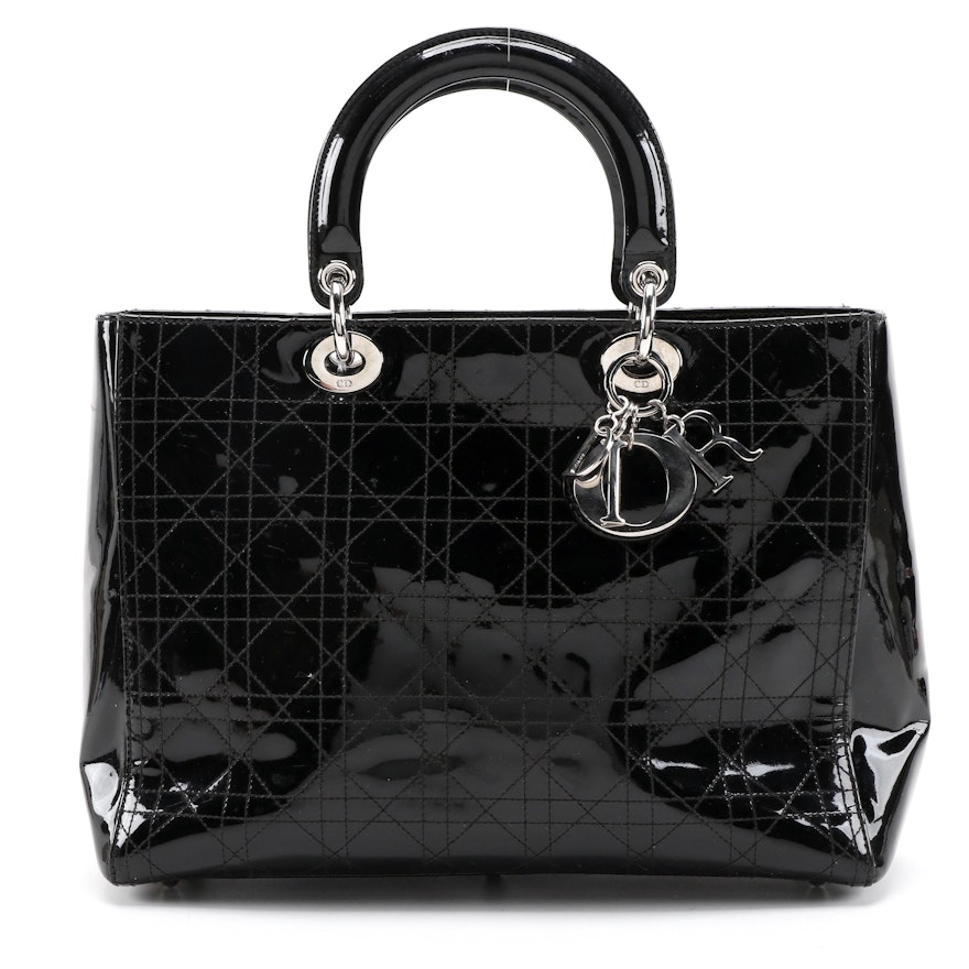 Christian Dior Large Lady Dior Tote Bag in Black Quilted Patent Leather