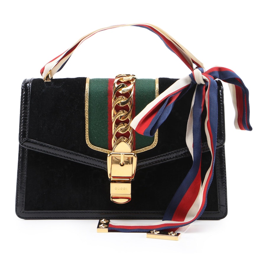 Gucci Small Sylvie Bag in GG Velvet with Sylvie Web Top Handle and Leather Trim