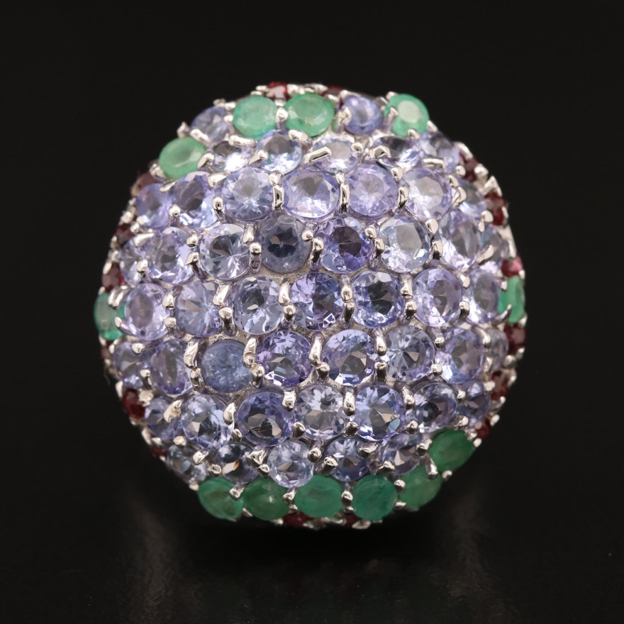 Sterling Tanzanite, Emerald and Garnet Cluster Ring