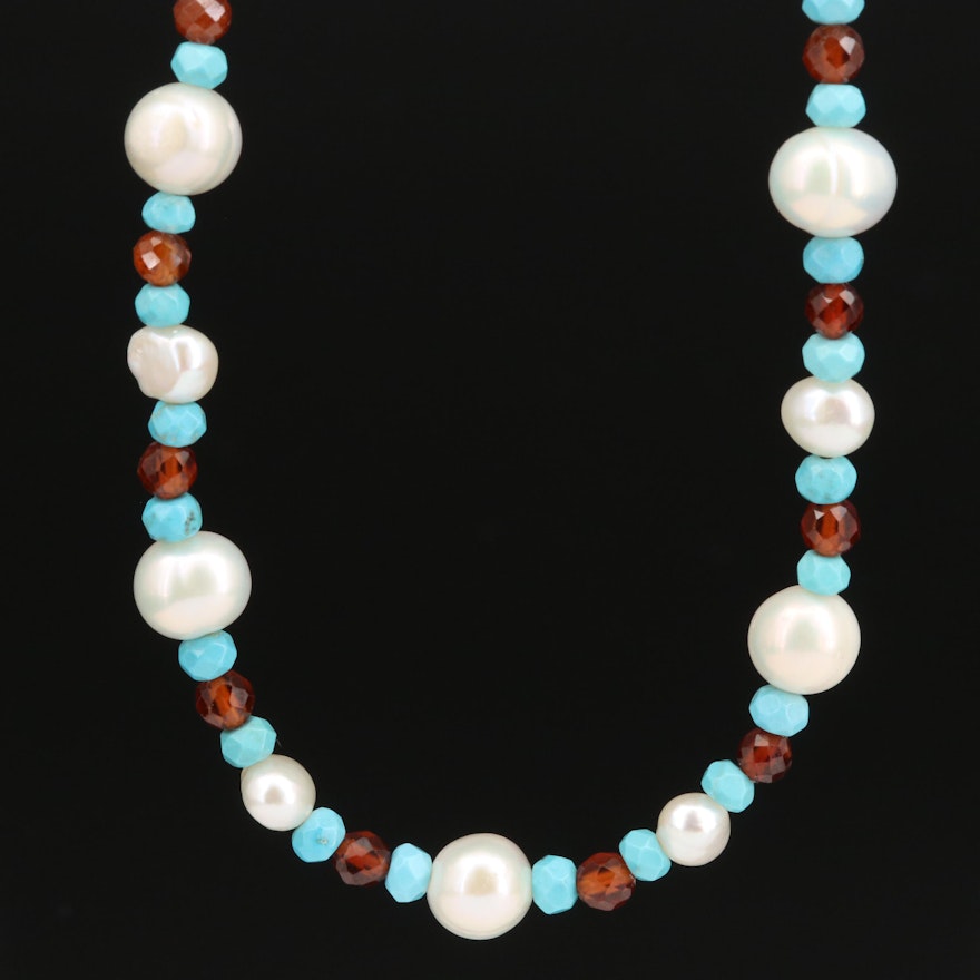 Pearl, Turquoise and Hessonite Beaded Necklace with Sterling Clasp