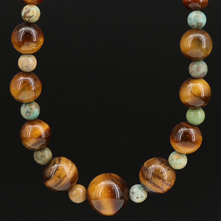 Tiger's Eye and Turquoise Graduated Necklace with Sterling Clasp