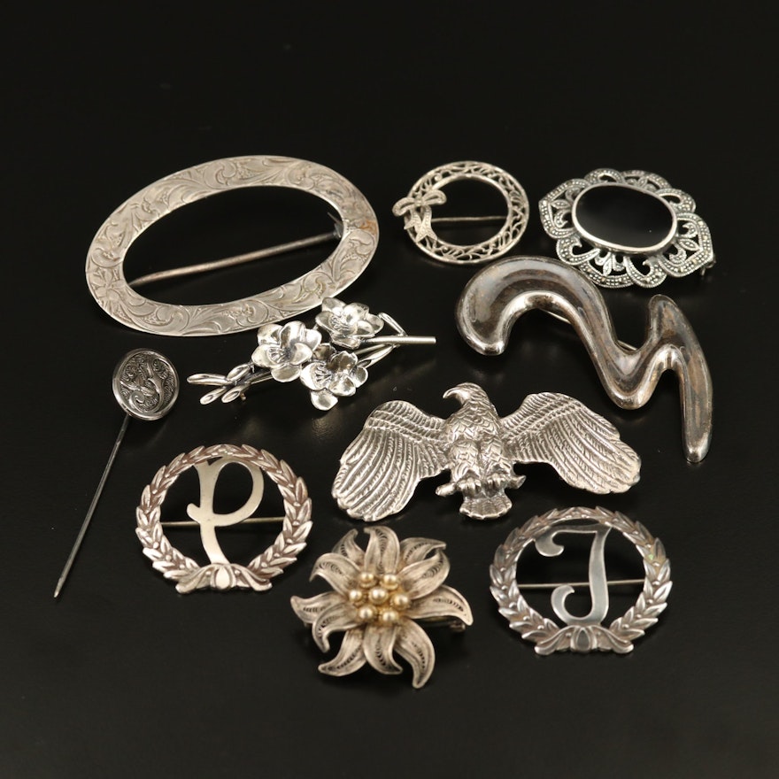 Antique and Vintage Sterling and 800 Silver Brooches and Stick Pin