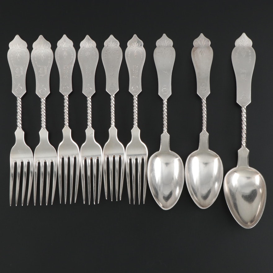 Duhme & Co. of Cincinnati 900 Silver Twist Handle Forks and Serving Spoons