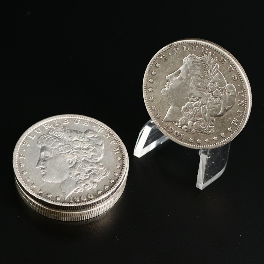 Five Morgan Silver Dollars, 1882 to 1901