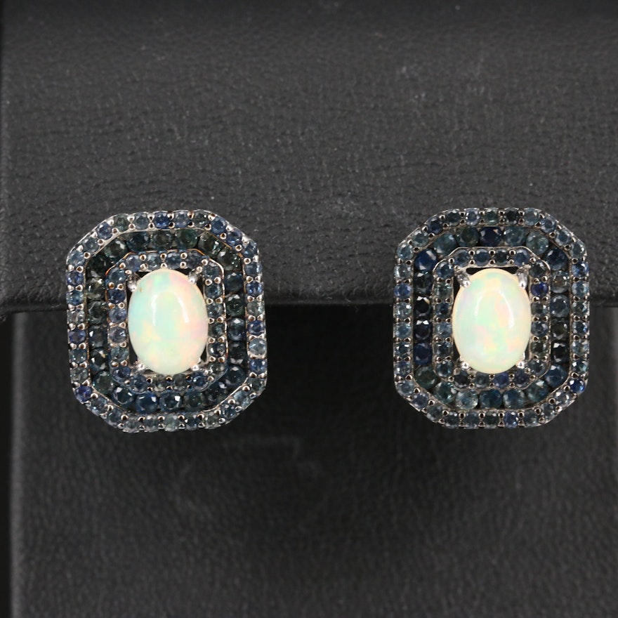 Sterling Opal and Sapphire Octagonal Earrings