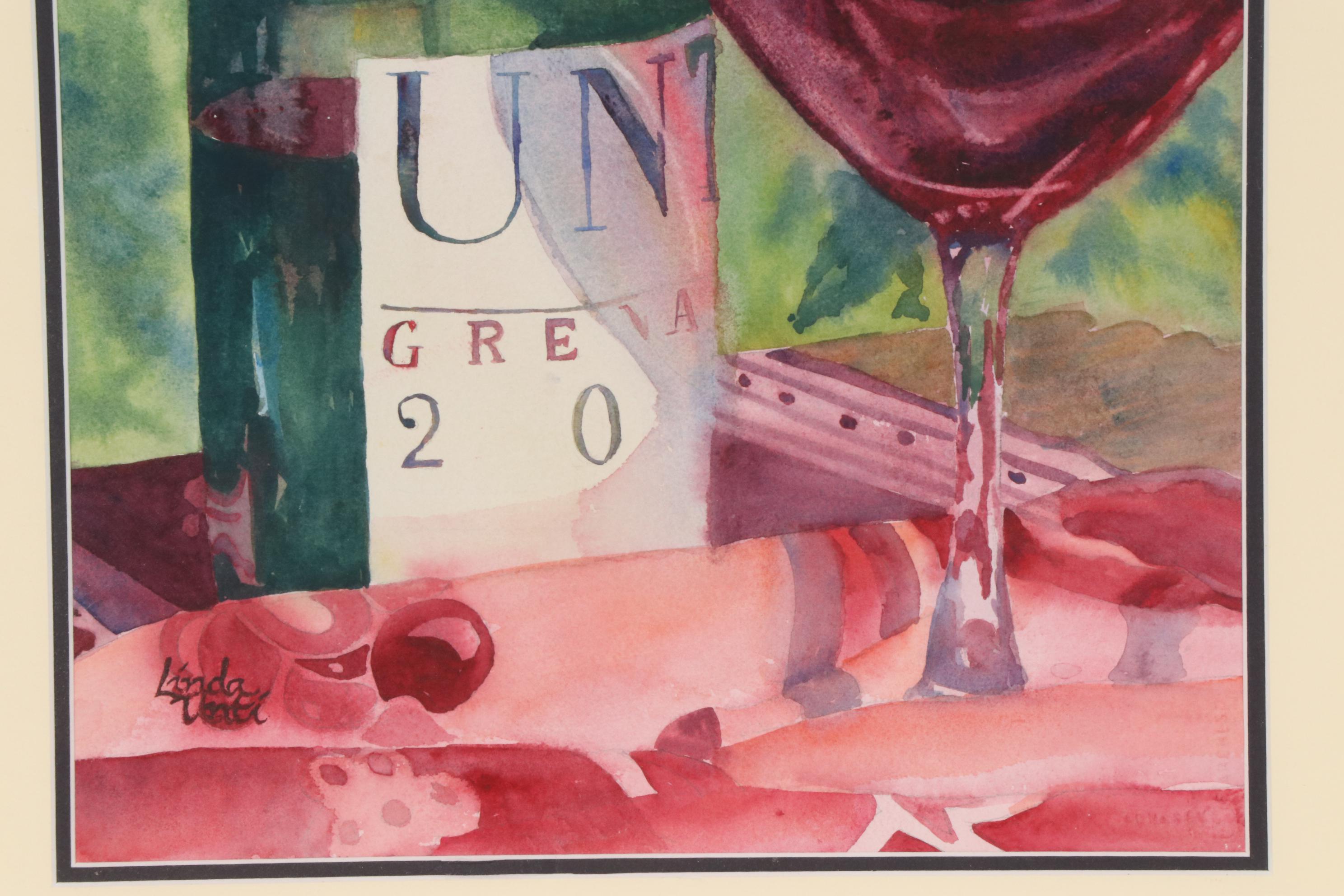 Linda Unti Still Life Watercolor Painting of Bottle of Wine and Glass