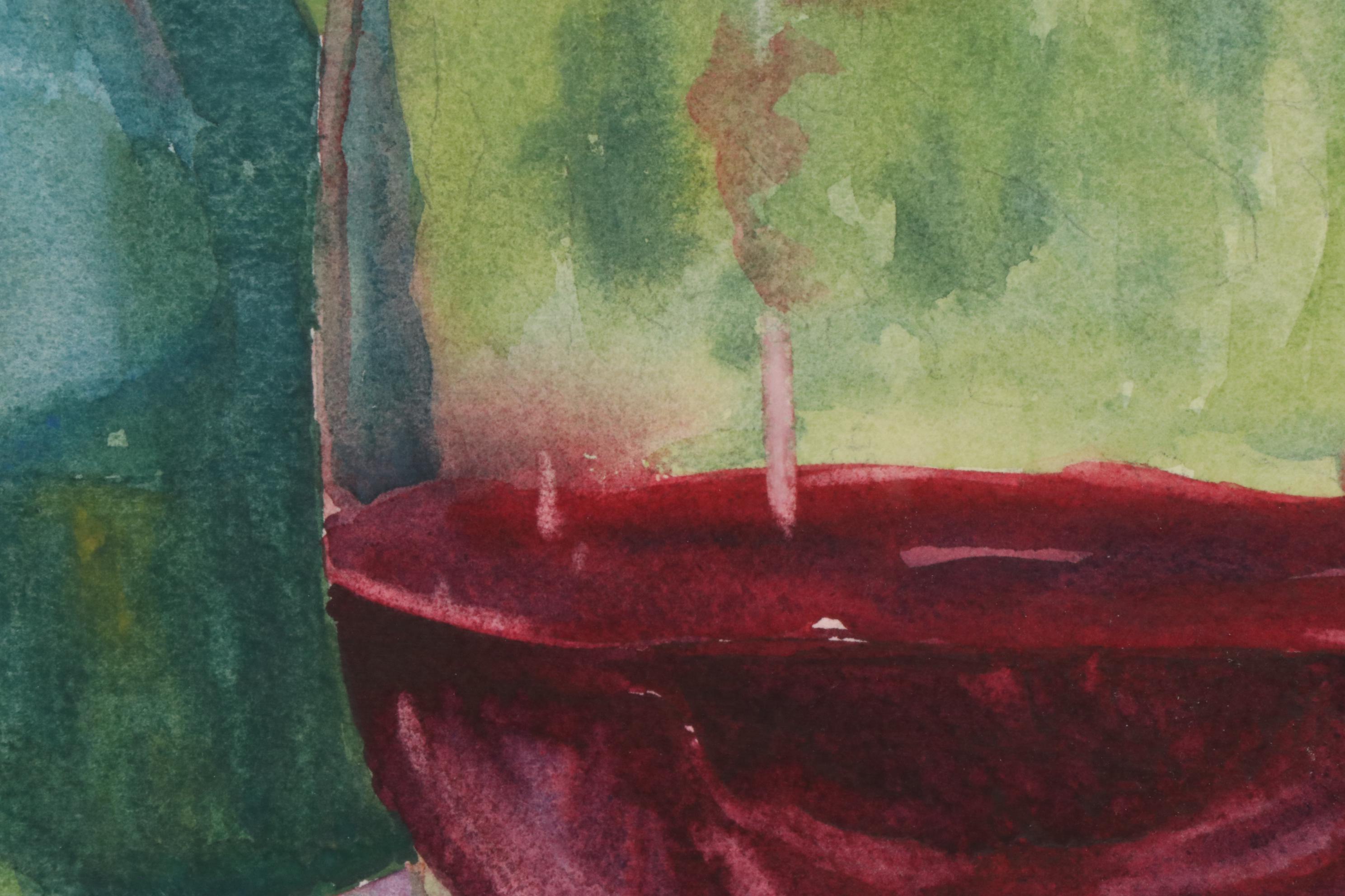 Linda Unti Still Life Watercolor Painting of Bottle of Wine and Glass