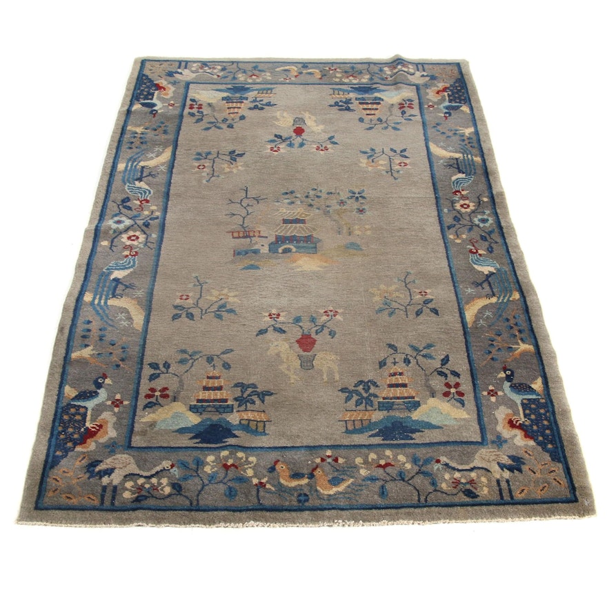 4'1 x 6'11 Hand-Knotted Chinese Pictorial Rug, 1930s