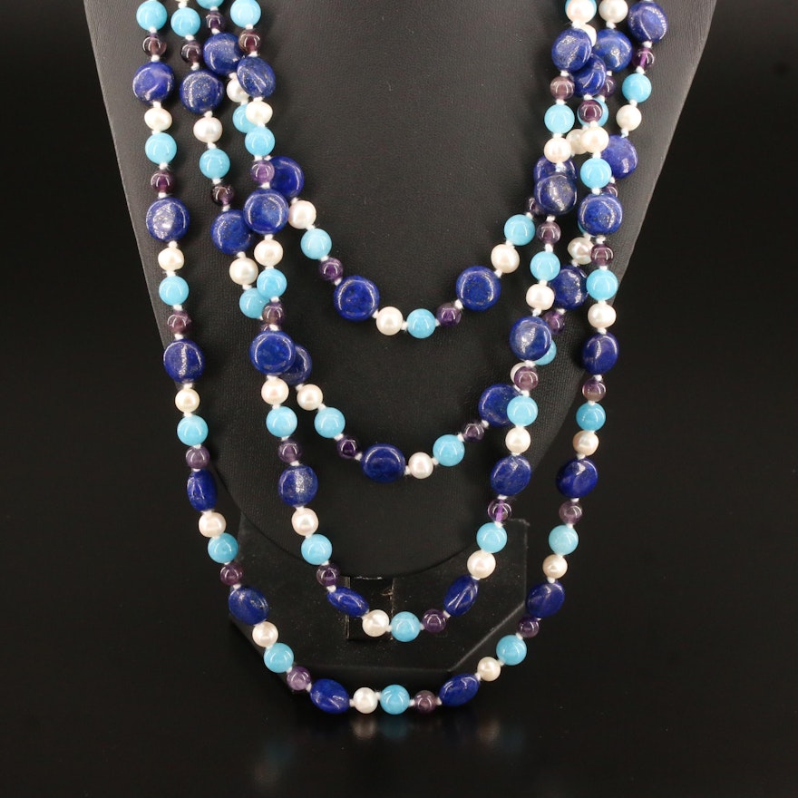 Lapis Lazuli, Pearl, Amethyst and Beryl Beaded Necklace with Sterling Clasp