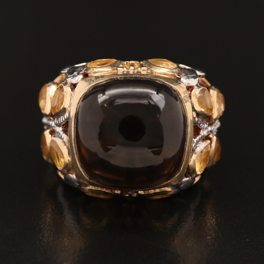 Sterling Smoky Quartz, Citrine and Diamond Ring