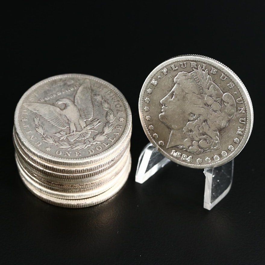 Ten Morgan Silver Dollars, 1878 to 1890