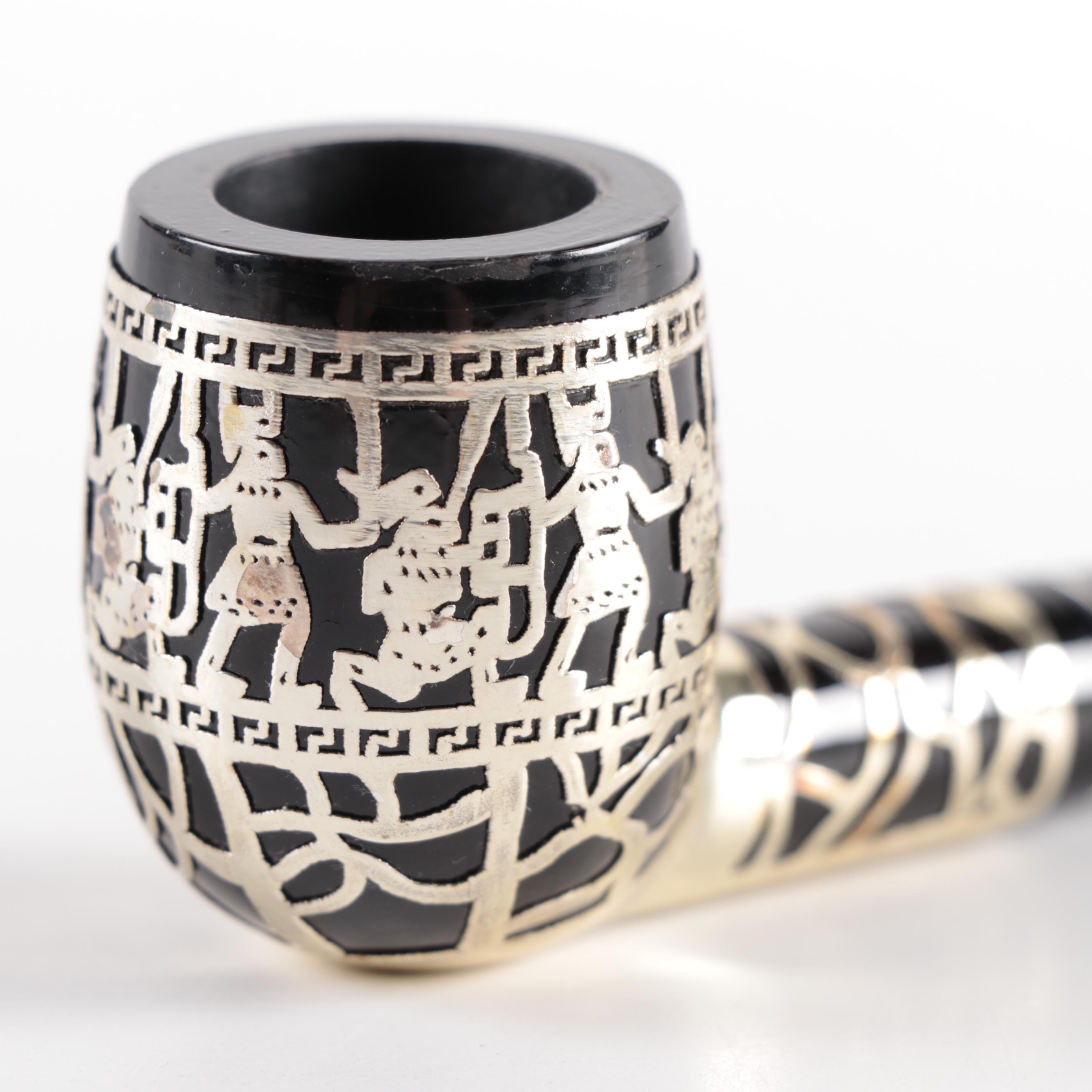 Medico Sterling Silver Overlay "Aztec" Design Briar Tobacco Pipe