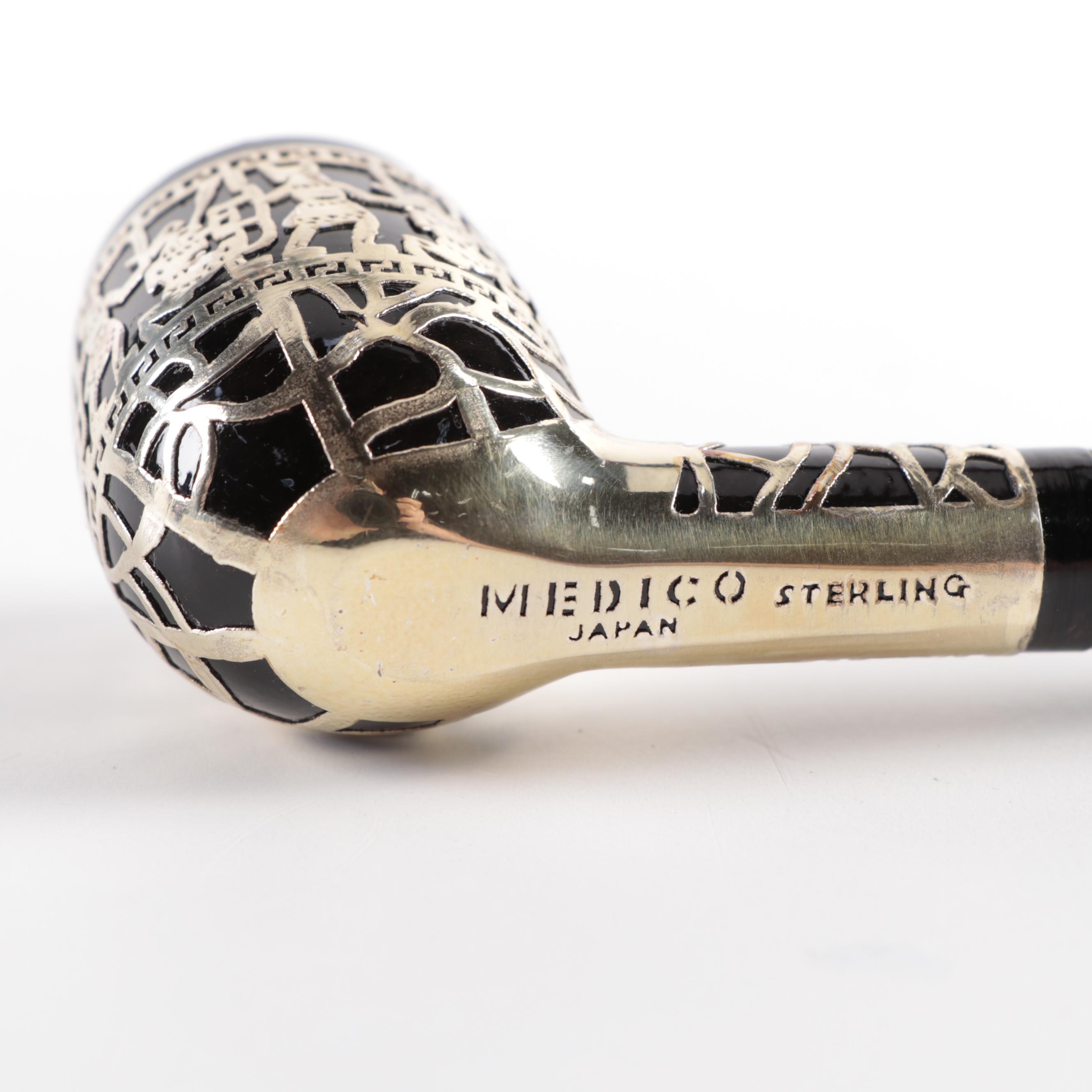 Medico Sterling Silver Overlay "Aztec" Design Briar Tobacco Pipe