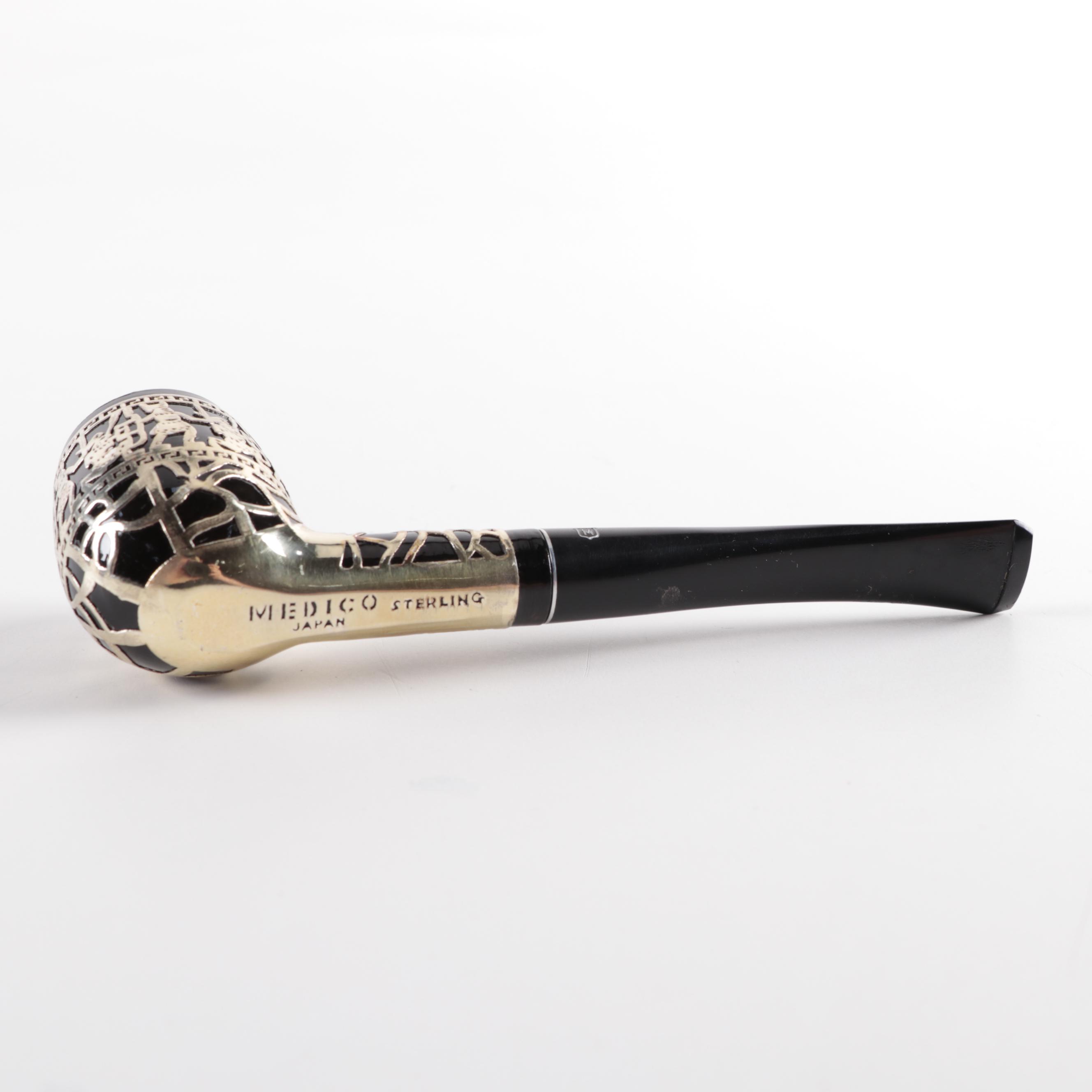 Medico Sterling Silver Overlay "Aztec" Design Briar Tobacco Pipe