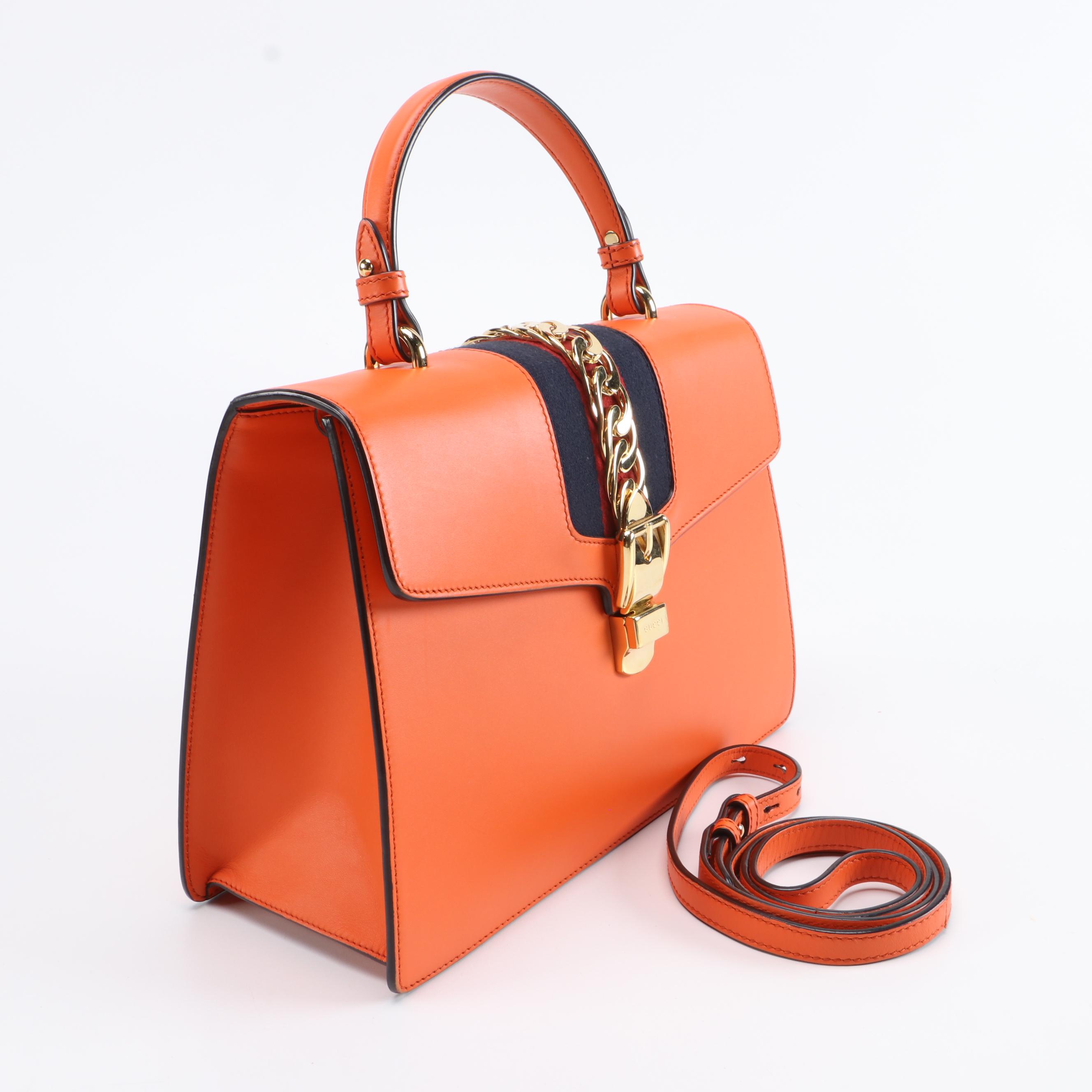 Gucci Medium Sylvie Two-Way Top Handle Bag in Orange Leather