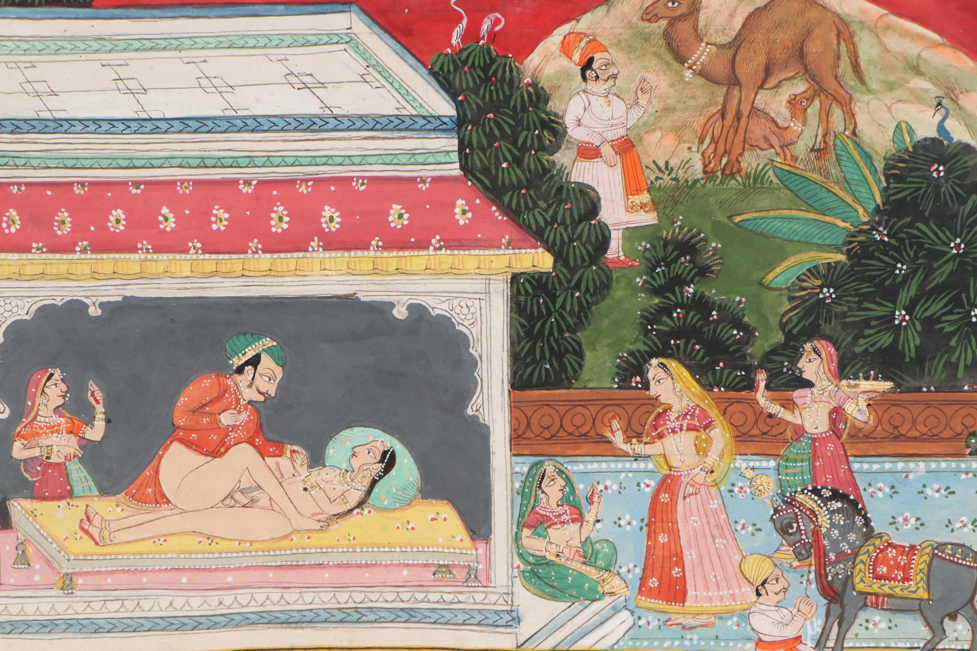 Indian Rajput Style Erotic Gouache Painting, 20th Century
