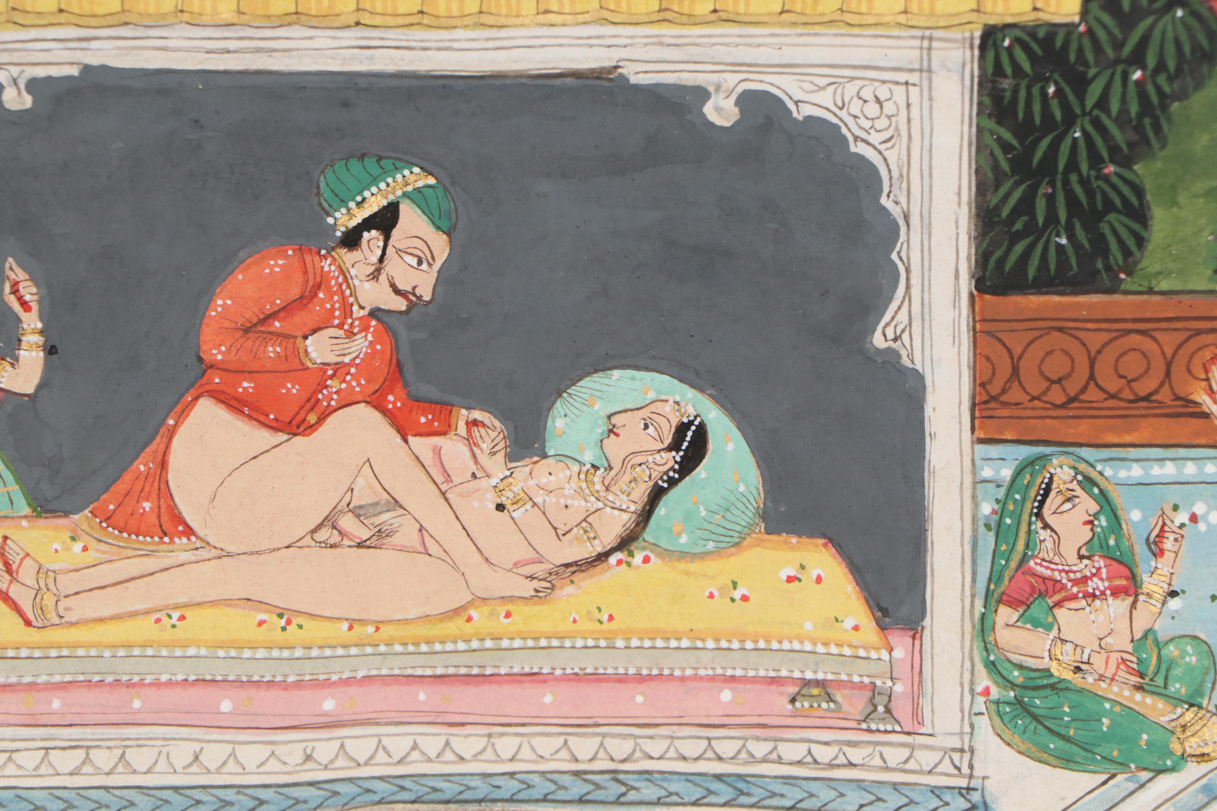 Indian Rajput Style Erotic Gouache Painting, 20th Century