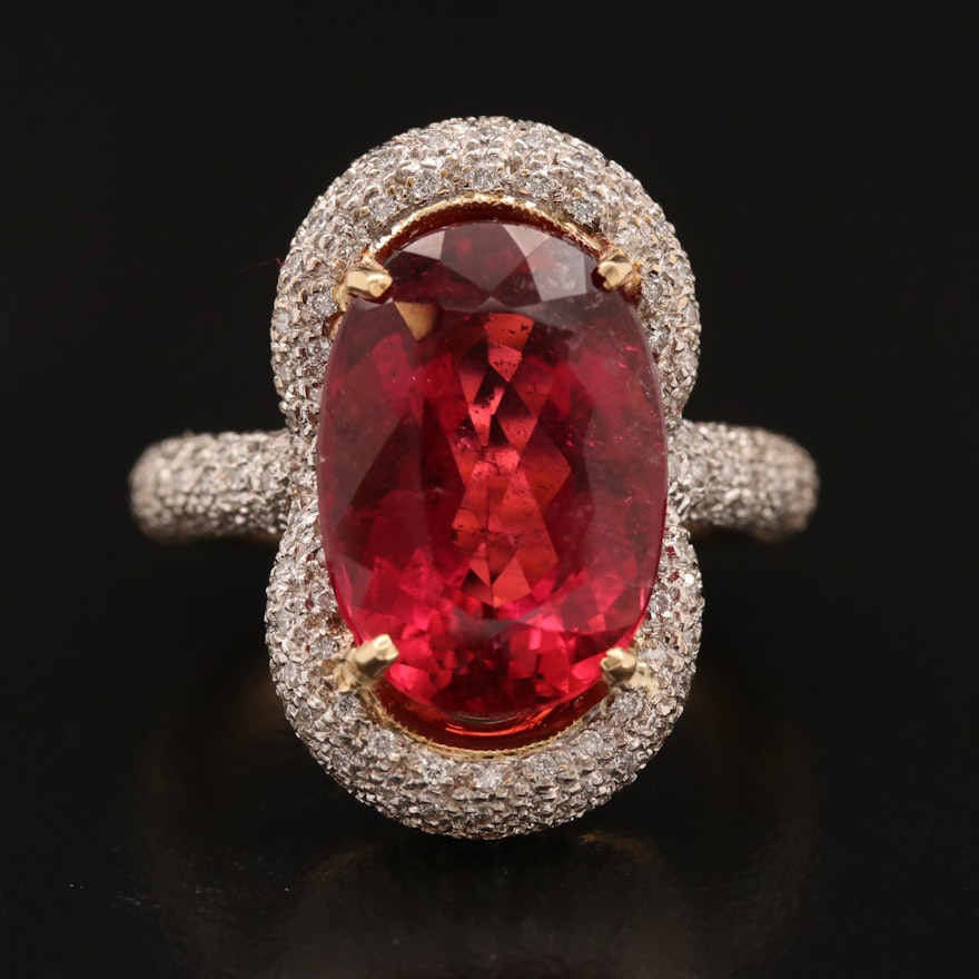 18K 8.40 CT Tourmaline Ring with Micro Pavé 1.04 CTW Diamond Halo and Shoulders