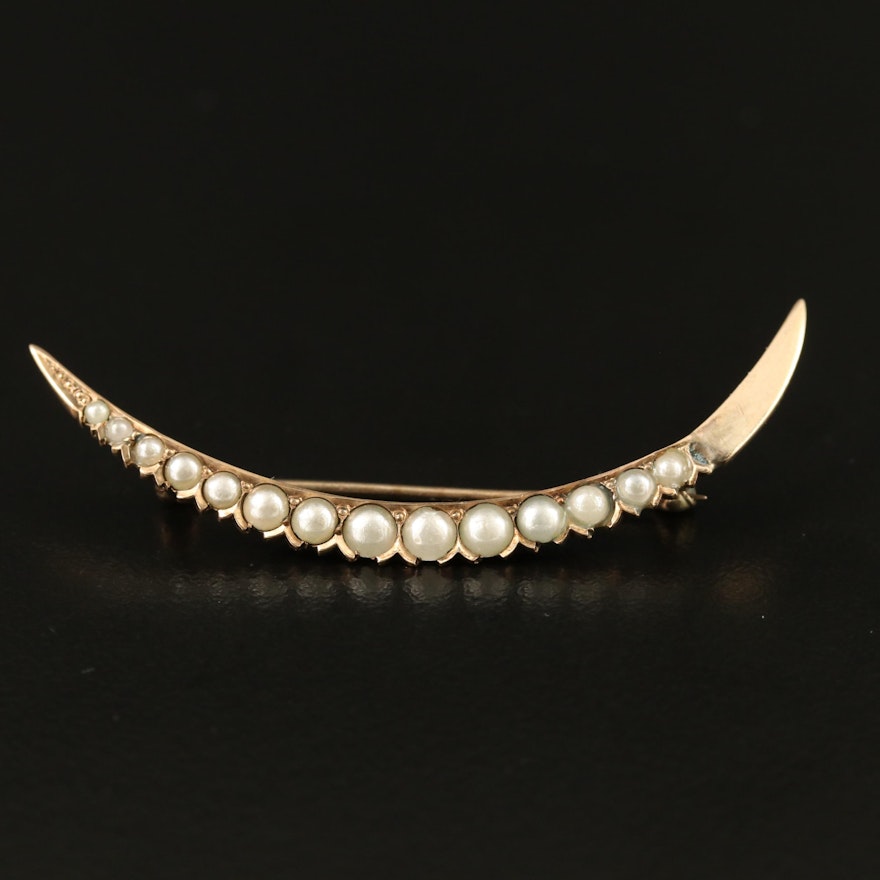 Early 1900s 10K Imitation Pearl Crescent Moon Brooch