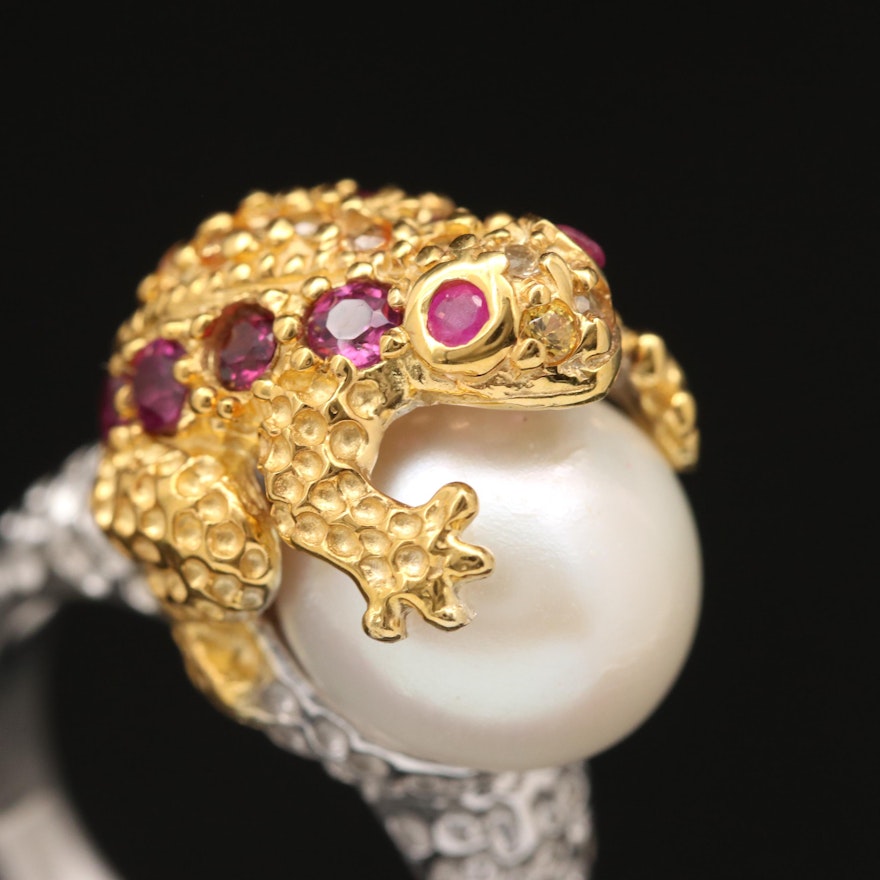 Sterling Pearl, Ruby, Garnet and Sapphire Frog Ring