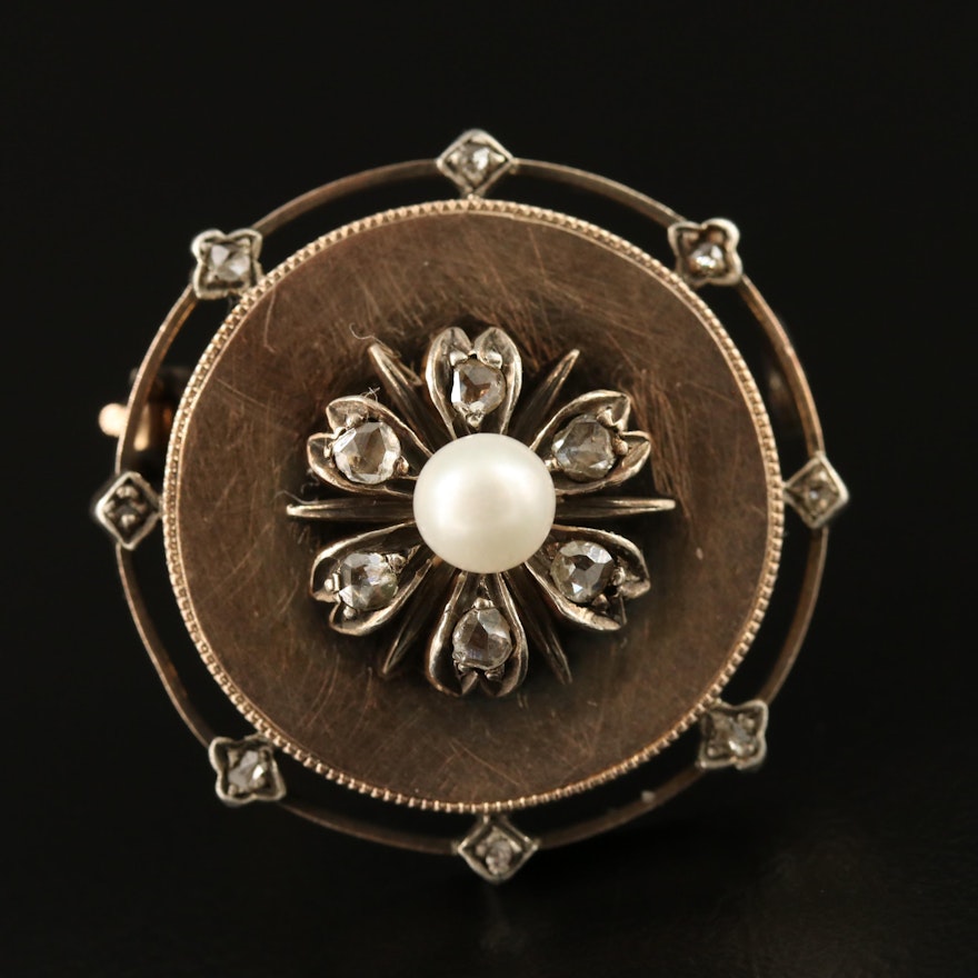 French 19th Century Second Empire Antique 18K Pearl and Diamond Circle Brooch