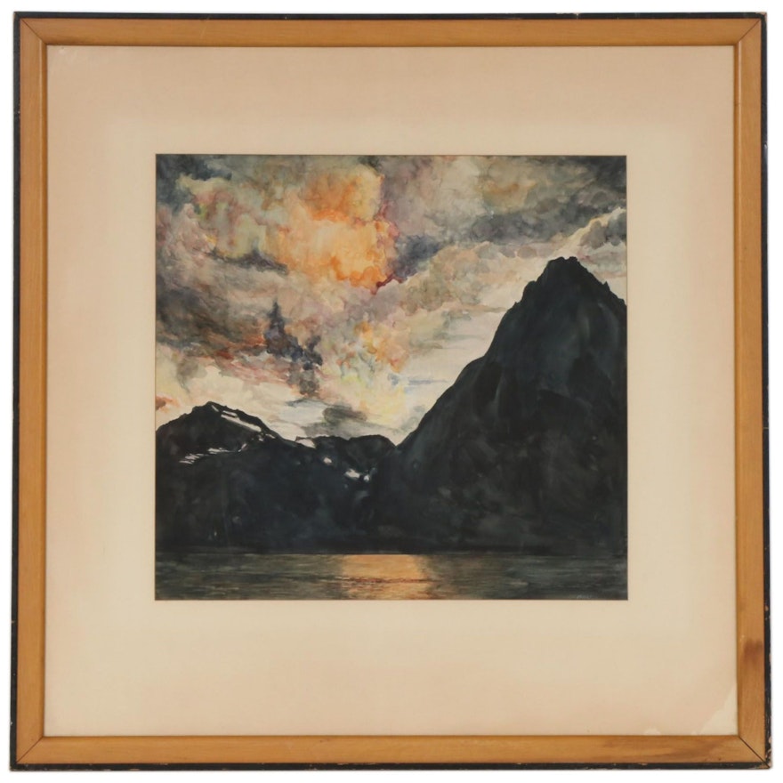 C. H. Kelley Watercolor Painting of Mountain Lake at Sunset, 1947