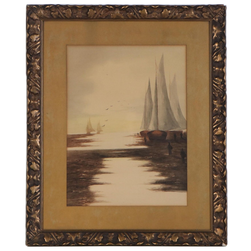 Watercolor Painting of Sailboats, Late 19th Century