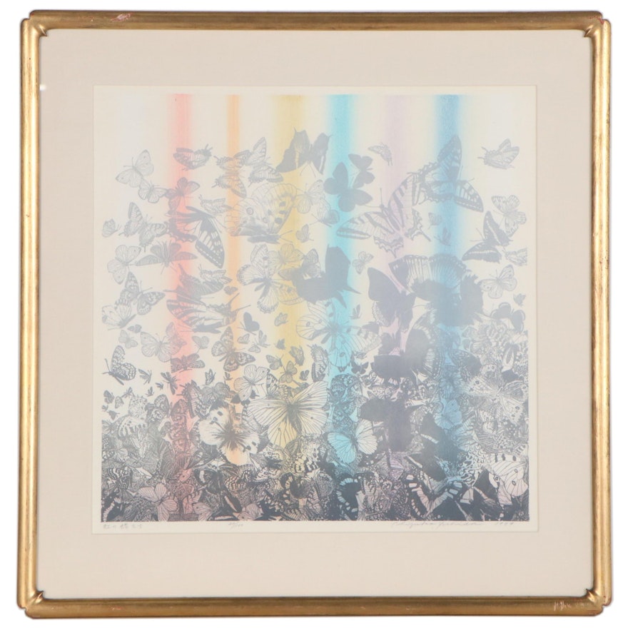 Chizuko Yoshida Color Woodblock "Rainbow Butterflies," 1979