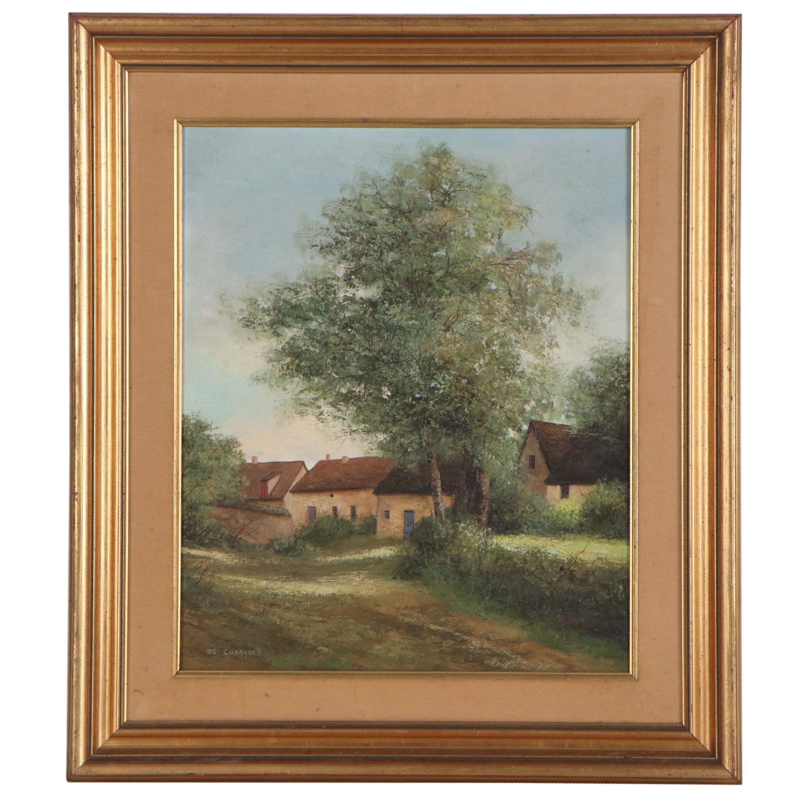 Jean-Claude Cubaynes Oil Painting of Barbizon Houses, Late 20th Century