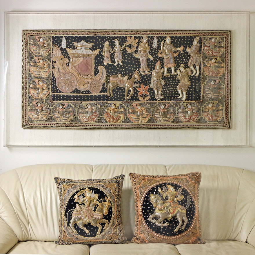 Indian Pictorial Embroidered Textile Wall Hanging with Accent Pillows