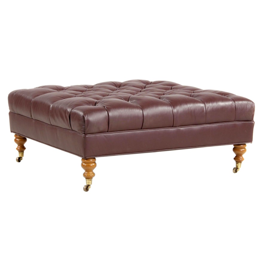 Bernhardt Button Tufted Leather Cocktail Ottoman