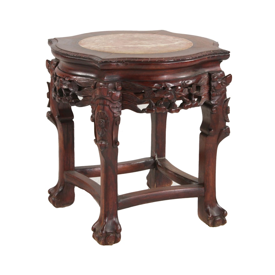 Chinese Carved Wood and Rouge Marble Low Table