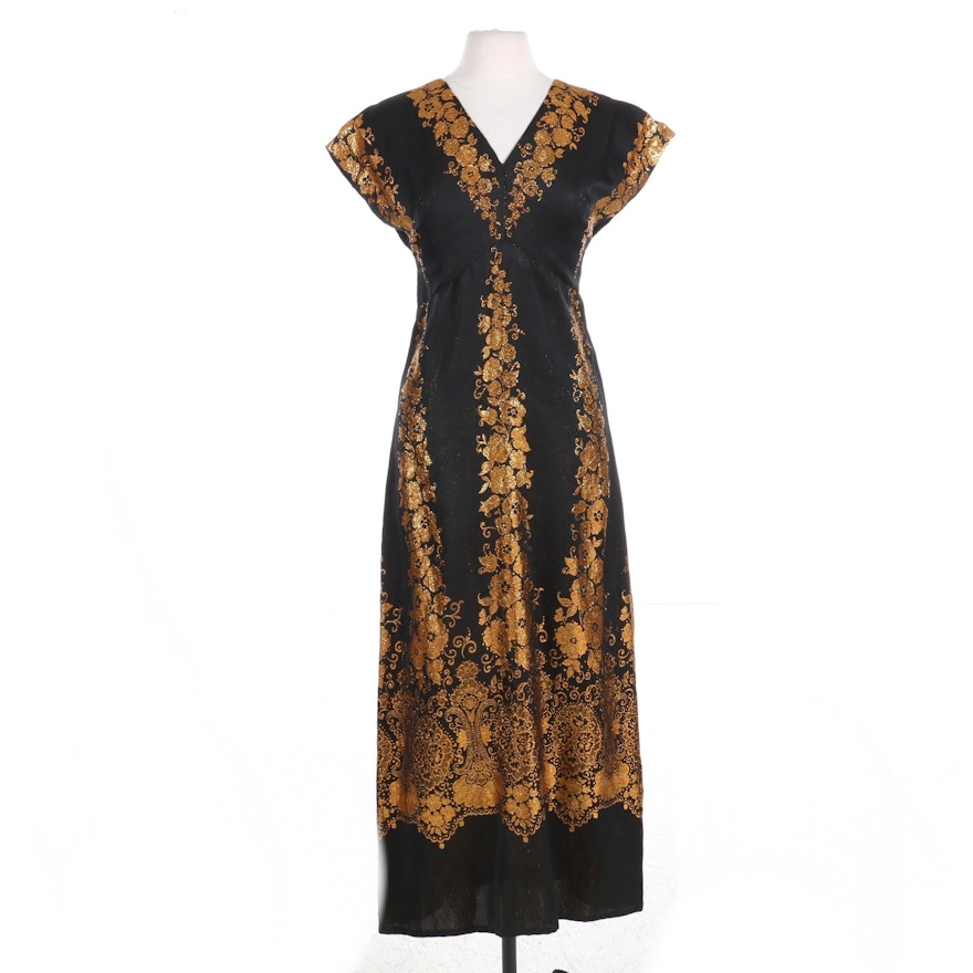 Albert Nipon Gold Metallic Woven Drop Shoulder Maxi Dress, Mid 20th Century