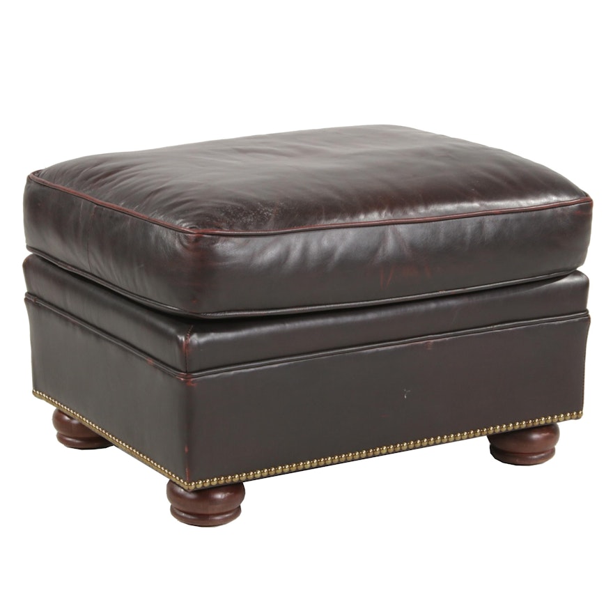 Vanguard Maroon Leather Ottoman with Nailhead Trim