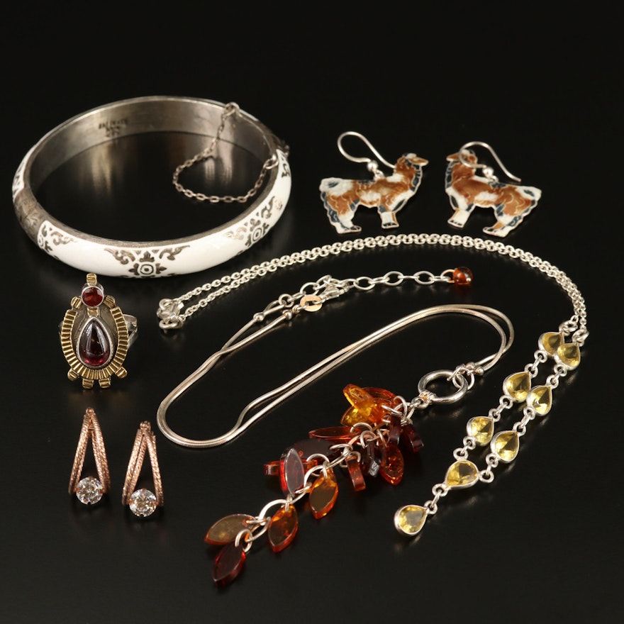 Sterling Silver Garnet and Amber Jewelry with Vintage Thai Enamel Bangle