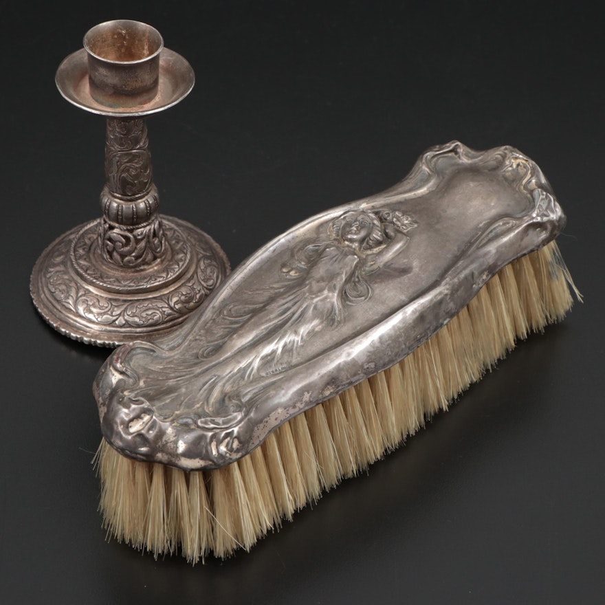 Art Nouveau Sterling Silver Clothes Brush and Silver Plate Candle Holder