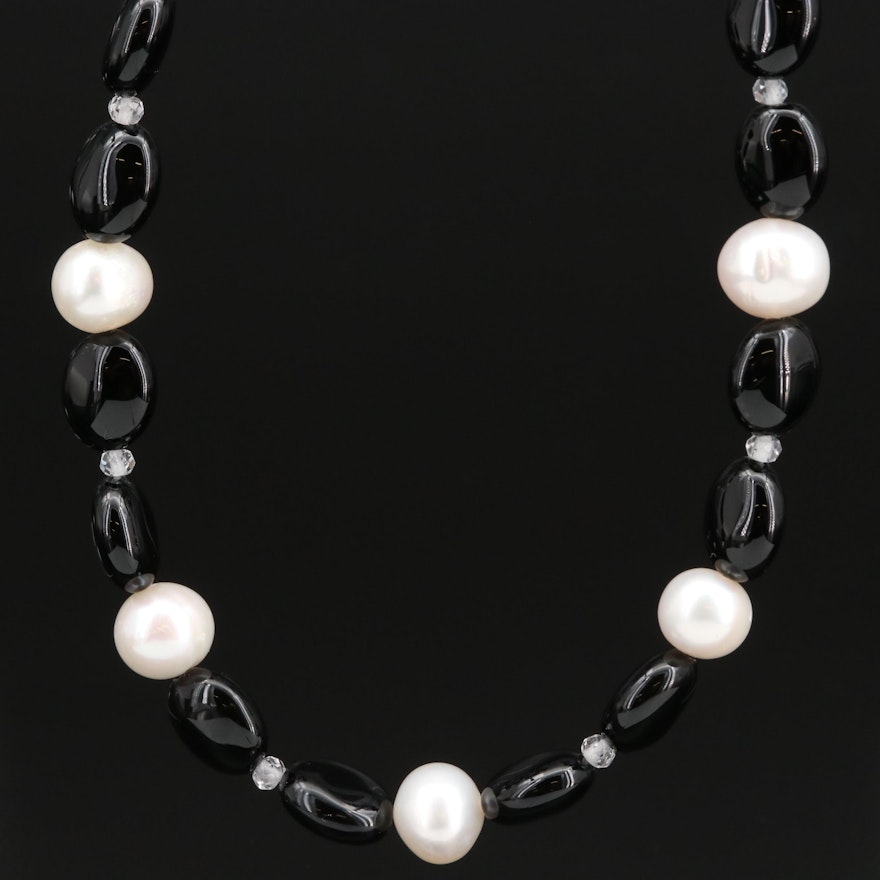 Sterling Black Onyx, Pearl and Topaz Beaded Necklace