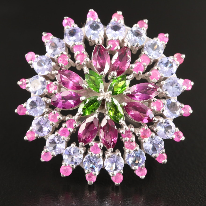 Sterling Silver Rhodolite Garnet, Diopside and Tanzanite Floral Cluster Ring