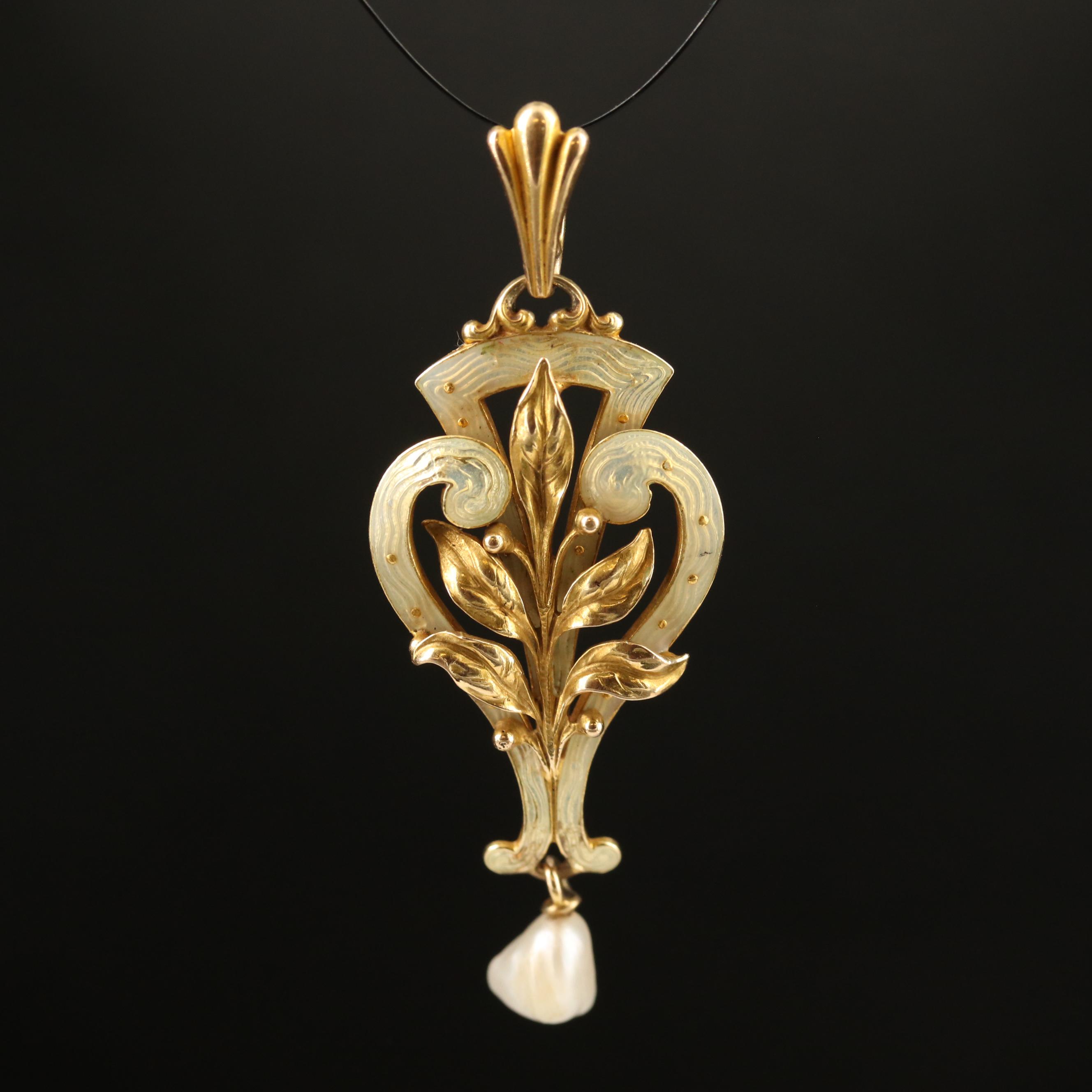 Art Nouveau Whiteside & Blank 14K Pearl Pendant with Guilloché Accents