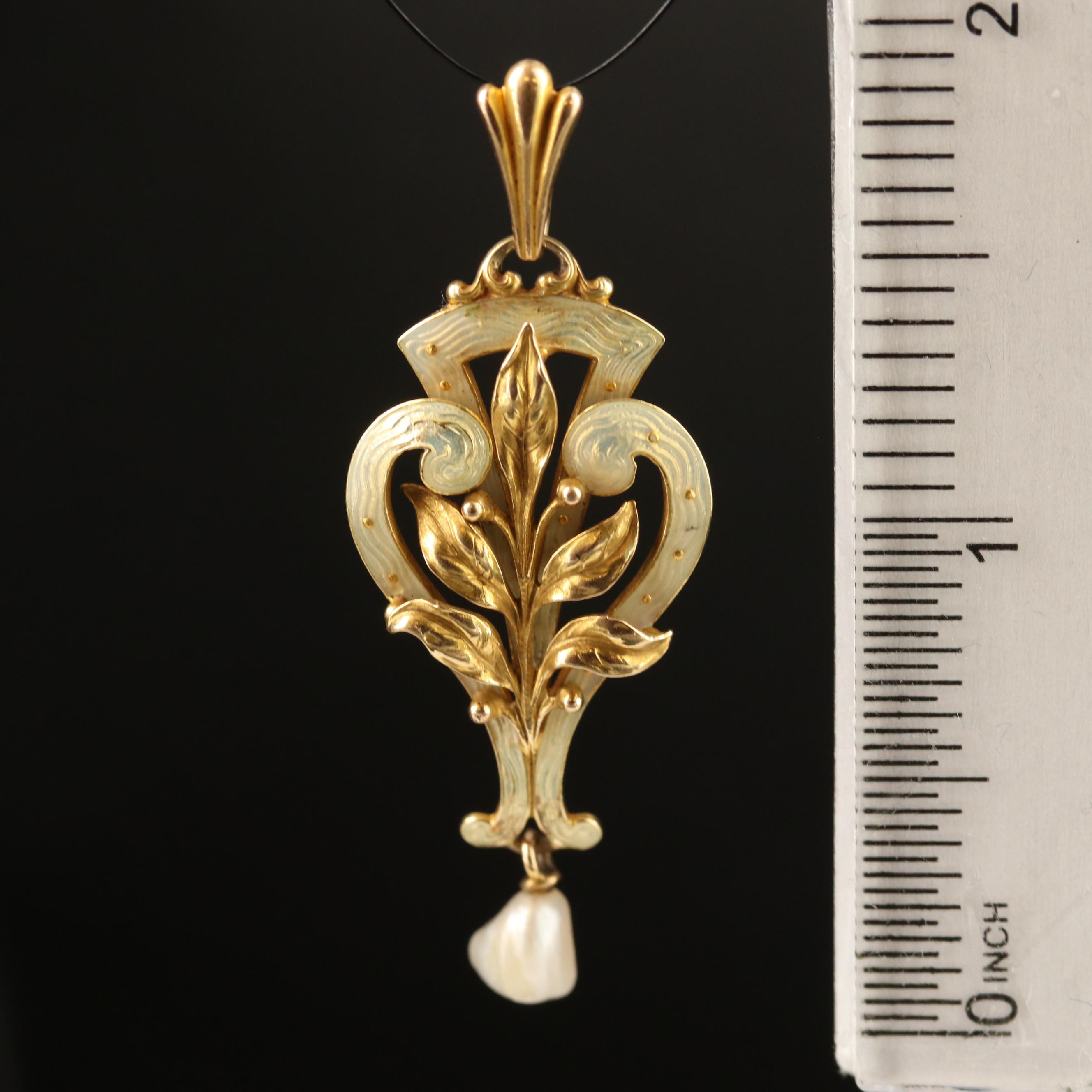 Art Nouveau Whiteside & Blank 14K Pearl Pendant with Guilloché Accents